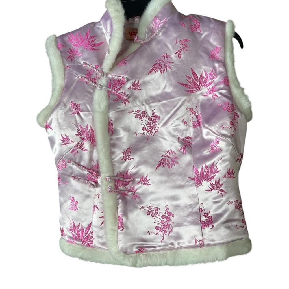 Vintage Pink Satin Chinese-Inspired Vest Faux Fur Satin Pink